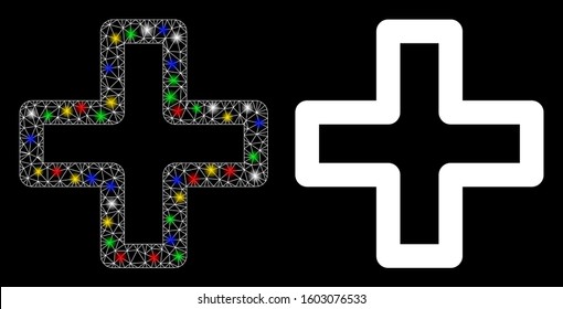 Glowing mesh plus icon with glare effect. Abstract illuminated model of plus. Shiny wire frame polygonal mesh plus icon. Vector abstraction on a black background.
