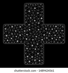 Glowing mesh plus with sparkle effect. Abstract illuminated model of plus icon. Shiny wire carcass triangular network plus. Vector abstraction on a black background.