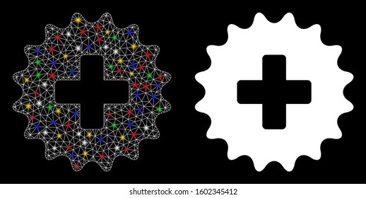 Glowing mesh plus stamp icon with lightspot effect. Abstract illuminated model of plus stamp. Shiny wire frame polygonal mesh plus stamp icon. Vector abstraction on a black background.