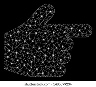 Glowing mesh pointer finger with glow effect. Abstract illuminated model of pointer finger icon. Shiny wire carcass polygonal network pointer finger. Vector abstraction on a black background.