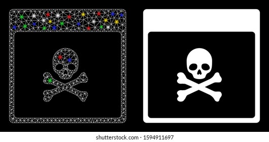Glowing mesh poison skull calendar page icon with lightspot effect. Abstract illuminated model of poison skull calendar page. Shiny wire carcass triangular mesh poison skull calendar page icon.