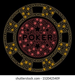 Glowing mesh poker casino chip with sparkle effect. Abstract illuminated model of poker casino chip icon. Shiny wire carcass polygonal network poker casino chip.