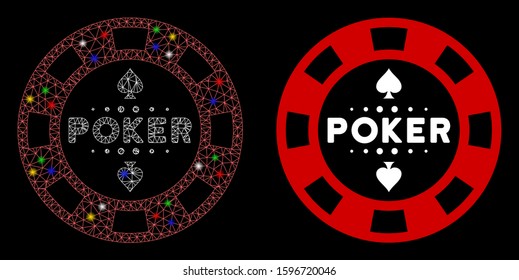 Glowing mesh poker casino chip icon with glare effect. Abstract illuminated model of poker casino chip. Shiny wire carcass polygonal mesh poker casino chip icon.