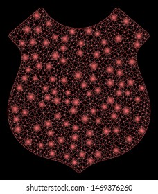 Glowing mesh police shield with glare effect. Abstract illuminated model of police shield icon. Shiny wire frame triangular mesh police shield. Vector abstraction on a black background.