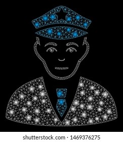 Glowing mesh policeman with glare effect. Abstract illuminated model of policeman icon. Shiny wire frame triangular mesh policeman. Vector abstraction on a black background.