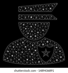Glowing mesh policeman with glow effect. Abstract illuminated model of policeman icon. Shiny wire frame triangular mesh policeman. Vector abstraction on a black background.