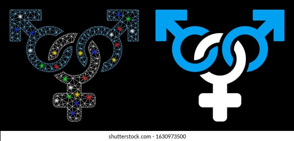 Glowing mesh polyandry icon with glare effect. Abstract illuminated model of polyandry. Shiny wire frame polygonal mesh polyandry icon. Vector abstraction on a black background.