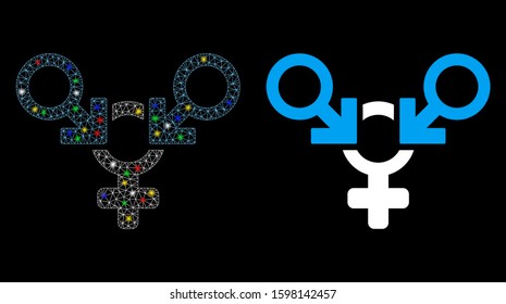 Glowing mesh polyandry icon with sparkle effect. Abstract illuminated model of polyandry. Shiny wire frame polygonal mesh polyandry icon. Vector abstraction on a black background.