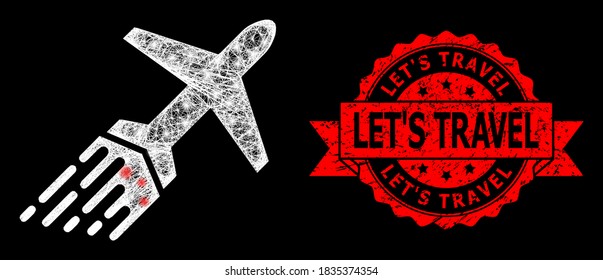 Glowing mesh polygonal air liner with light spots, and Let'S Travel dirty ribbon seal. Red stamp seal includes Let'S Travel caption inside ribbon.