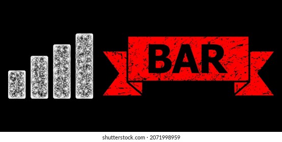 Glowing mesh polygonal bar chart with glowing spots, and Bar scratched ribbon seal. Red seal has Bar tag inside ribbon. Illuminated vector constellation created from bar chart icon with white mesh.