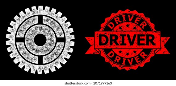 Glowing mesh polygonal clock wheel with glowing spots, and Driver grunge ribbon seal print. Red stamp seal includes Driver title inside ribbon.