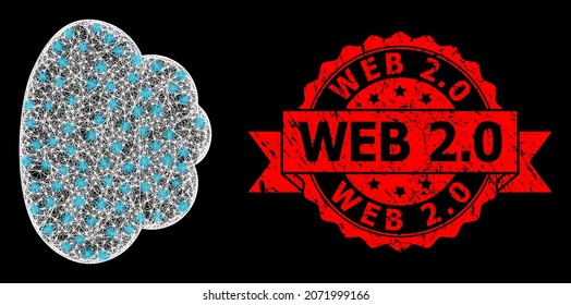 Nube poligonal de malla brillante con manchas brillantes y marca de agua de cinta corroída en la Web 2.0. El sello rojo contiene texto Web 2.0 dentro de la cinta.