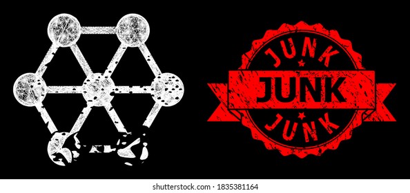Glowing mesh polygonal damaged blockchain with glowing spots, and Junk grunge ribbon stamp seal. Red stamp seal contains Junk tag inside ribbon.