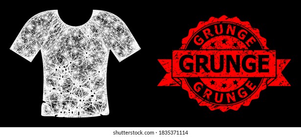 Glowing mesh polygonal dirty t-shirt with glowing spots, and Grunge corroded ribbon stamp seal. Red stamp seal includes Grunge text inside ribbon.