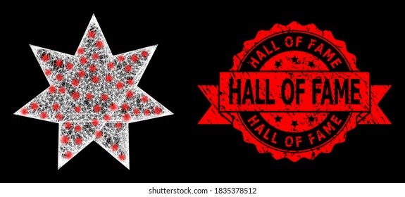 Glowing Mesh Polygonal Eight Corner Star With Glowing Spots, And Hall Of Fame Textured Ribbon Stamp Seal. Red Stamp Seal Has Hall Of Fame Tag Inside Ribbon.