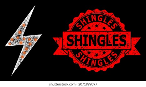 Glowing mesh polygonal electric strike with lightspots, and Shingles textured ribbon stamp seal. Red seal has Shingles caption inside ribbon.