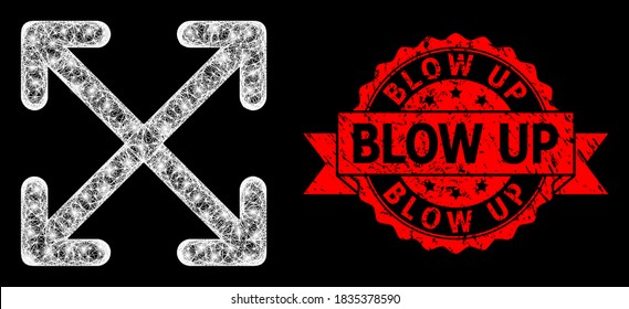 Glowing mesh polygonal enlarge arrows with light spots, and Blow Up grunge ribbon seal print. Red stamp seal contains Blow Up text inside ribbon.