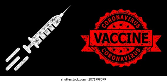Glowing mesh polygonal express vaccine with light spots, and Coronavirus Vaccine dirty ribbon stamp seal. Red stamp seal has Coronavirus Vaccine tag inside ribbon.