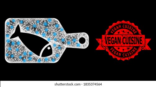 Glühendes polygonales Fisch-Schnittbrett mit Lichtpunkten und Vegan Cuisine strukturierte Band-Dichtung. Rotes Siegel hat Vegan Cuisine Text in Band.
