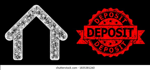 Glowing mesh polygonal garage with glowing spots, and Deposit textured ribbon stamp seal. Red stamp has Deposit caption inside ribbon.