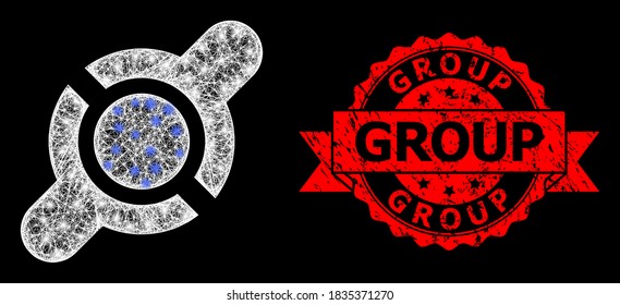 Glowing mesh polygonal joint connection with glowing spots, and Group rubber ribbon seal. Red stamp seal contains Group tag inside ribbon.