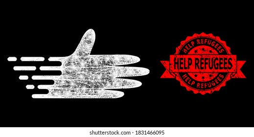 Glowing mesh polygonal moving hand with lightspots, and Help Refugees textured ribbon stamp seal. Red stamp seal has Help Refugees text inside ribbon.