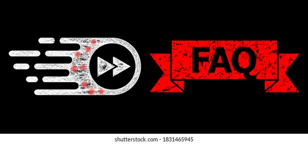 Glowing mesh polygonal play forward with lightspots, and FAQ corroded ribbon stamp. Red stamp contains FAQ text inside ribbon.
