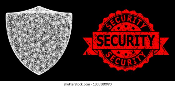 Glowing mesh polygonal protection shield with glowing spots, and Security unclean ribbon seal imitation. Red seal contains Security title inside ribbon.