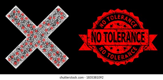 Glühendes polygonal lehnen Kreuz mit Lichtpunkten, und Keine Toleranz Grunge Band Stempel-Siegel. Rote Stempelrobbe hat keinen Toleranztitel in der Schleife.
