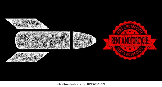 Glowing mesh polygonal rocket with glowing spots, and Rent a Motorcycle textured ribbon stamp seal. Red seal has Rent a Motorcycle caption inside ribbon.