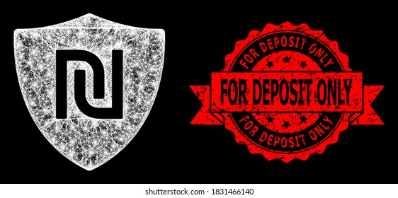 Glowing mesh polygonal shekel guard with lightspots, and For Deposit Only unclean ribbon seal imitation. Red seal contains For Deposit Only caption inside ribbon.