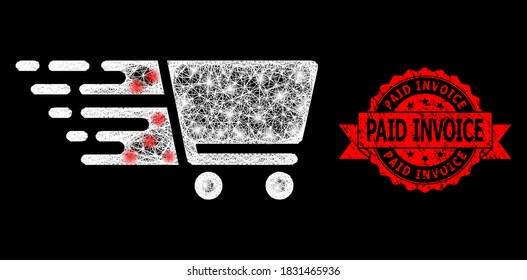 Glowing mesh polygonal shopping cart with glowing spots, and Paid Invoice unclean ribbon seal print. Red stamp seal has Paid Invoice text inside ribbon.