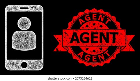 Glowing mesh polygonal smartphone user with lightspots, and Agent unclean ribbon seal print. Red stamp includes Agent caption inside ribbon.