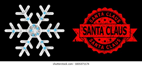 Copo de nieve polígonal de malla brillante con manchas brillantes, y sello de cinta gruesa de Santa Claus. El sello rojo incluye la leyenda de Santa Claus dentro de la cinta.