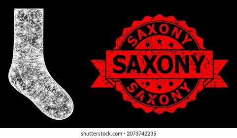 Glowing mesh polygonal sock with glowing spots, and Saxony textured ribbon seal. Red stamp seal has Saxony caption inside ribbon.