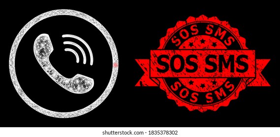 Glowing mesh polygonal telephone call with glowing spots, and Sos SMS scratched ribbon stamp seal. Red seal has Sos SMS text inside ribbon.