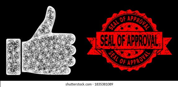 Glowing mesh polygonal thumb up with light spots, and Seal of Approval unclean ribbon stamp. Red stamp has Seal of Approval tag inside ribbon.