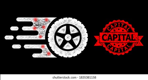 Glowing mesh polygonal tire wheel with glowing spots, and Capital corroded ribbon stamp. Red stamp seal has Capital tag inside ribbon.