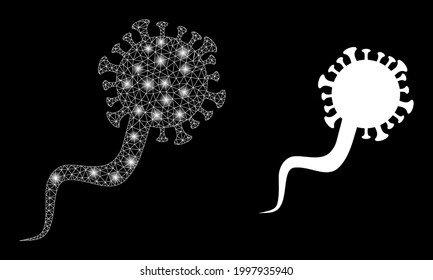 Glowing mesh polygonal virion virus with light spots. Illuminated vector constellation created from virion virus icon with white mesh. Sparkle carcass mesh polygonal virion virus.