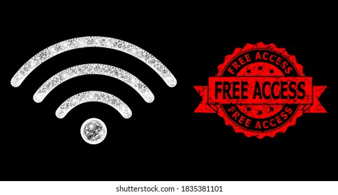 Glowing mesh polygonal Wi-Fi source with lightspots, and Free Access unclean ribbon stamp seal. Red seal contains Free Access caption inside ribbon.