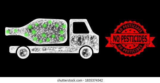 Glowing mesh polygonal wine delivery with glowing spots, and No Pesticides unclean ribbon stamp seal. Red stamp contains No Pesticides tag inside ribbon.
