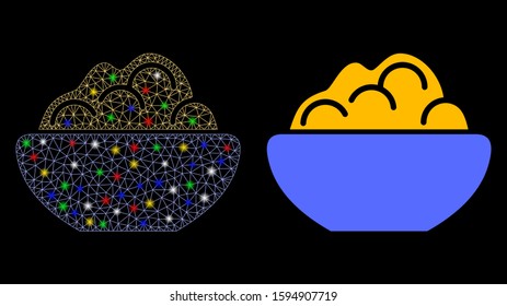 Glowing mesh porridge bowl icon with glare effect. Abstract illuminated model of porridge bowl. Shiny wire frame triangular mesh porridge bowl icon. Vector abstraction on a black background.