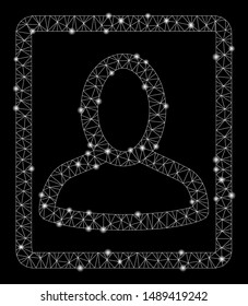 Glowing mesh portrait with glare effect. Abstract illuminated model of portrait icon. Shiny wire carcass triangular mesh portrait. Vector abstraction on a black background.