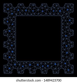 Glowing mesh postage stamp with lightspot effect. Abstract illuminated model of postage stamp icon. Shiny wire carcass triangular mesh postage stamp. Vector abstraction on a black background.