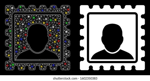 Glowing mesh postal mark icon with glow effect. Abstract illuminated model of postal mark. Shiny wire frame triangular mesh postal mark icon. Vector abstraction on a black background.