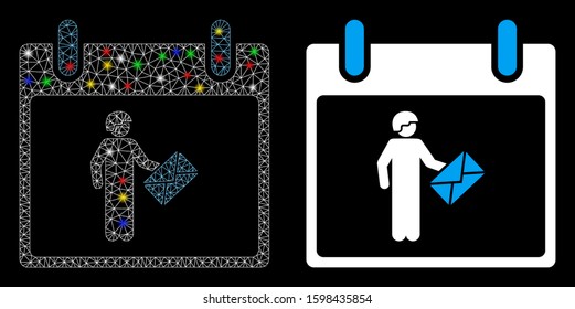 Glowing mesh postman calendar day icon with lightspot effect. Abstract illuminated model of postman calendar day. Shiny wire carcass triangular mesh postman calendar day icon.