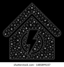Glowing mesh power supply building with glitter effect. Abstract illuminated model of power supply building icon. Shiny wire frame triangular mesh power supply building.