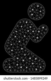 Glowing mesh pray pose with glare effect. Abstract illuminated model of pray pose icon. Shiny wire frame polygonal mesh pray pose. Vector abstraction on a black background.
