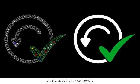 Glowing mesh pre-approved icon with sparkle effect. Abstract illuminated model of pre-approved. Shiny wire frame triangular mesh pre-approved icon. Vector abstraction on a black background.