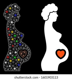 Glowing mesh pregnant female icon with lightspot effect. Abstract illuminated model of pregnant female. Shiny wire frame polygonal mesh pregnant female icon. Vector abstraction on a black background.